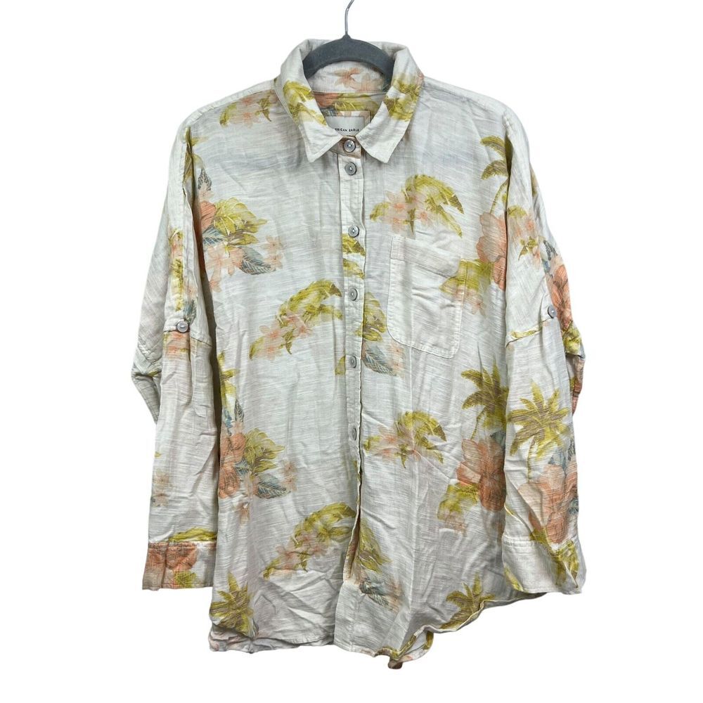American Eagle Womens Blouse Floral Oversize Button Rolled Tab Sleeve Cream XS*